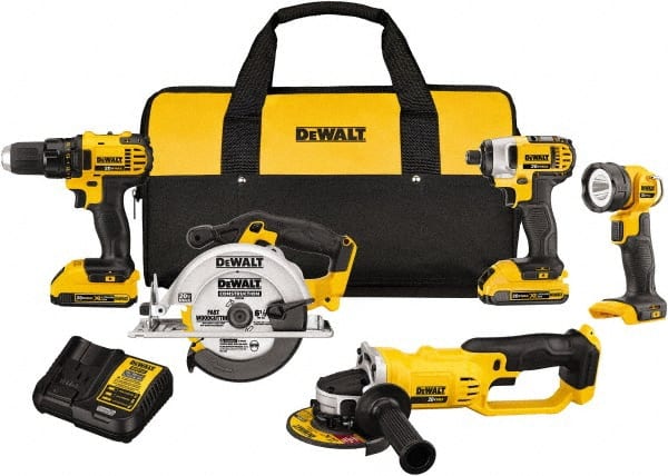 DeWALT - 20 Volt Cordless Tool Combination Kit - Includes 1/2" Compact Drill/Driver, 1/4" Impact Driver, Cut-off Tool/Grinder, 6-1/2 Circular Saw & LED Worklight, Lithium-Ion Battery Included - Exact Tooling