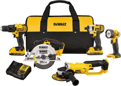 DeWALT - 20 Volt Cordless Tool Combination Kit - Includes 1/2" Compact Drill/Driver, 1/4" Impact Driver, Cut-off Tool/Grinder, 6-1/2 Circular Saw & LED Worklight, Lithium-Ion Battery Included - Exact Tooling