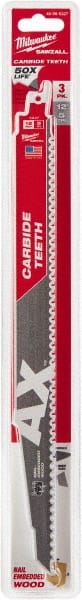 Milwaukee Tool - 12" Long x 1" Thick, Carbide Reciprocating Saw Blade - Tapered Profile, 7 TPI, Toothed Edge, Universal Shank - Exact Tooling