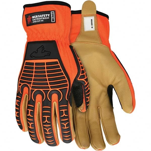 MCR Safety - Size L ANSI Cut Lvl A5, Abrasion Lvl 4, Goatskin Cut Resistant Gloves - Uncoated, Dyneema Diamond Lining, Slip-On Cuff, Orange/Gold, Paired - Exact Tooling