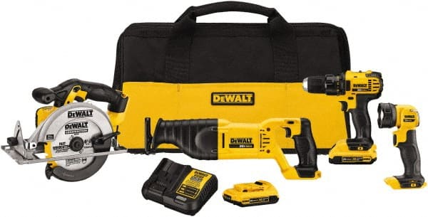 DeWALT - 20 Volt Cordless Tool Combination Kit - Includes 1/2" Drill/Driver, Reciprocating Saw, 6-1/2 Circular Saw & LED Worklight, Lithium-Ion Battery Included - Exact Tooling