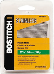 Stanley Bostitch - 16 Gauge 1/16" Shank Diam 2-1/2" Long Finishing Nails for Power Nailers - Stainless Steel, Smooth Shank, Straight Stick Adhesive Collation, Round Head, Chisel Point - Exact Tooling