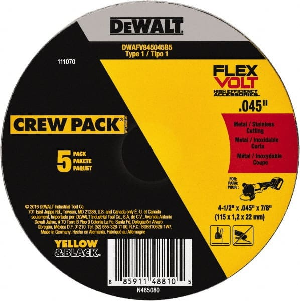 DeWALT - 4-1/2" Ceramic Cutoff Wheel - 0.045" Thick, 7/8" Arbor, 13,300 Max RPM, Use with Portable Tools - Exact Tooling