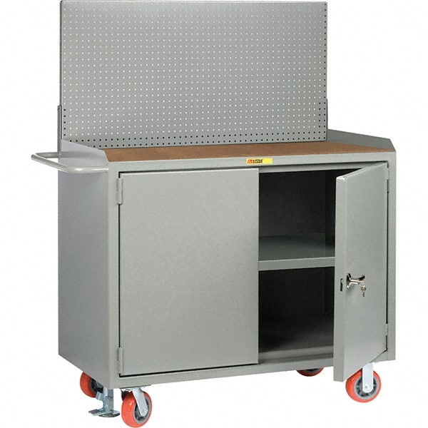 Little Giant - 3,600 Lb Capacity, 3 Shelf, 2 Door Mobile Bench Cabinet with Pegboard Panel - 41" Wide x 24" Deep x 43" High, Steel, Gray - Exact Tooling