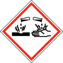 NMC - Hazardous Materials Label, Header: Corrosive Warning - Legend: GHS - Graphic, English, Black & Red, 2" Long x 2" High, No Coating - Exact Tooling