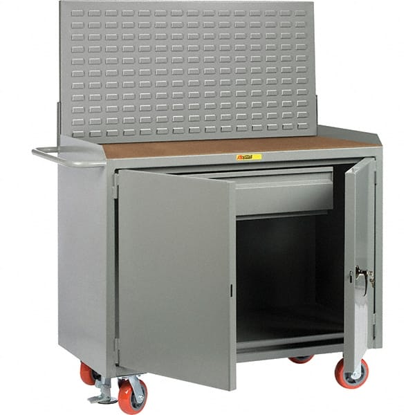 Little Giant - 3,600 Lb Capacity, 2 Shelf, 1 Drawer, 2 Door Mobile Bench Cabinet with Louvered Panel - 41" Wide x 24" Deep x 43" High, Steel, Gray - Exact Tooling