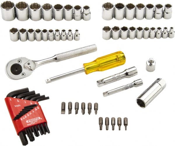 Proto - 65 Piece 1/4 & 3/8" Drive Standard Socket Set - 6 & 12 Points, 1/4 to 5/8", 4 to 17mm, Inch/Metric Measurement Standard - Exact Tooling
