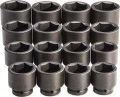 Proto - 16 Piece 1" Drive Full Polish Finish Impact Socket Set - 6 Points, 2-1/16" to 3" Range, Inch Measurement Standard - Exact Tooling