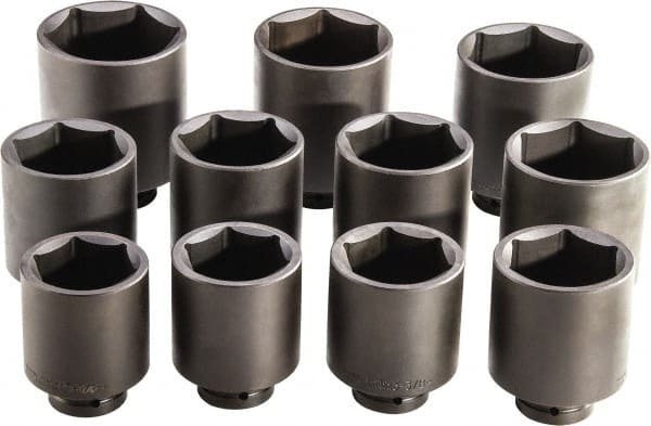 Proto - 11 Piece 1" Drive Full Polish Finish Deep Well Impact Socket Set - 6 Points, 3-1/8" to 4-1/2" Range, Inch Measurement Standard - Exact Tooling