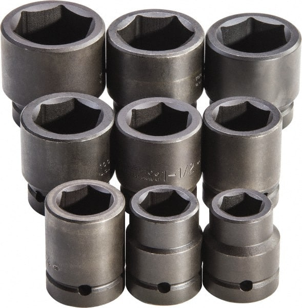 Proto - 9 Piece 1" Drive Full Polish Finish Impact Socket Set - 6 Points, 1" to 2" Range, Inch Measurement Standard - Exact Tooling