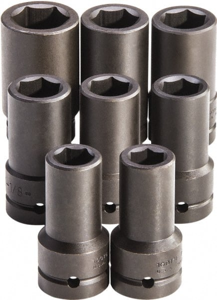 Proto - 8 Piece 1" Drive Full Polish Finish Deep Well Impact Socket Set - 6 Points, 7/8" to 1-1/2" Range, Inch Measurement Standard - Exact Tooling