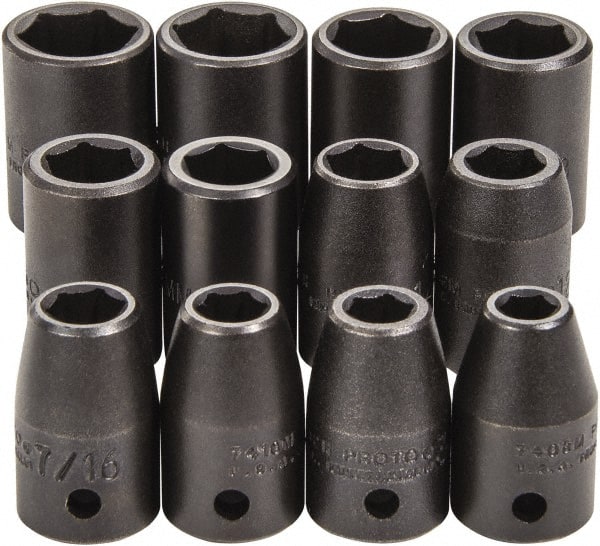 Proto - 12 Piece 1/2" Drive Full Polish Finish Impact Socket Set - 6 Points, 3/4" to 3/4" (8mm to 19mm) Range, Inch/Metric Measurement Standard - Exact Tooling