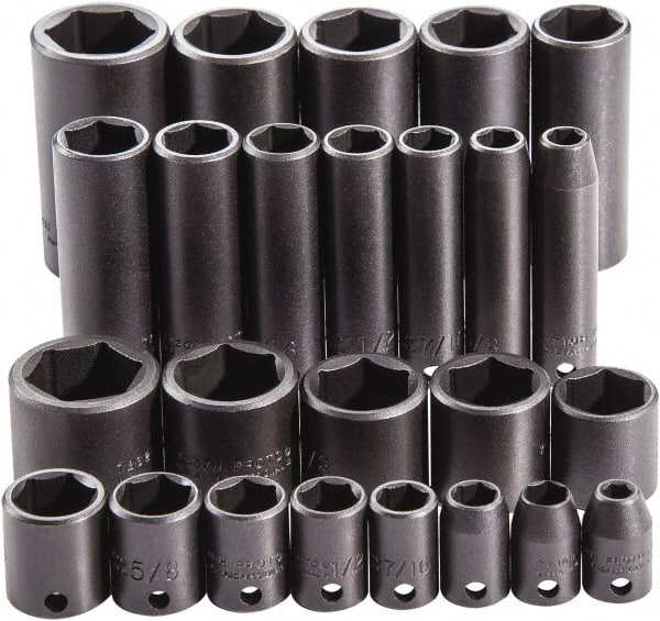 Proto - 25 Piece 3/8" Drive Full Polish Finish Deep Well Impact Socket Set - 6 Points, 1" to 1" Range, Inch Measurement Standard - Exact Tooling