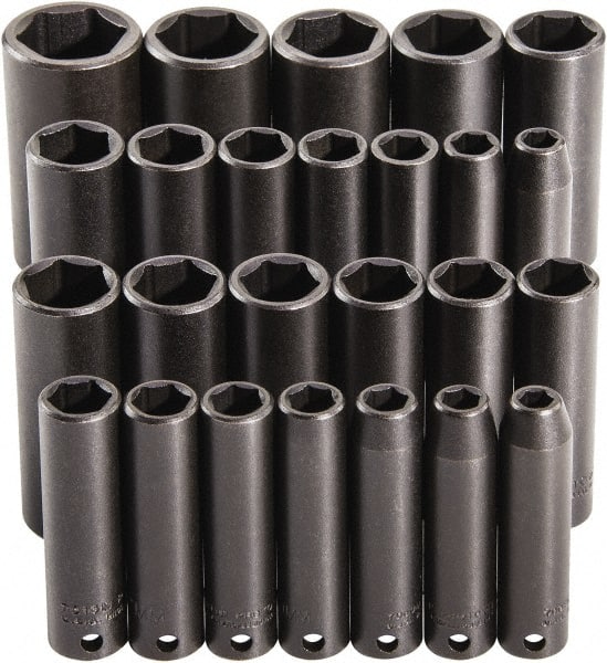 Proto - 25 Piece 3/8" Drive Deep Impact Socket Set - 6 Points, 15/16 to 1", 7 to 19mm, Inch/Metric Measurement Standard - Exact Tooling