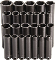 Proto - 25 Piece 3/8" Drive Deep Impact Socket Set - 6 Points, 15/16 to 1", 7 to 19mm, Inch/Metric Measurement Standard - Exact Tooling