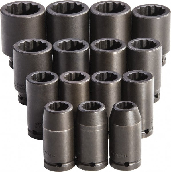 Proto - 15 Piece 3/4" Drive Full Polish Finish Deep Well Impact Socket Set - 12 Points, 19mm to 43mm Range, Metric Measurement Standard - Exact Tooling