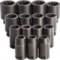 Proto - 15 Piece 3/4" Drive Full Polish Finish Deep Well Impact Socket Set - 12 Points, 19mm to 43mm Range, Metric Measurement Standard - Exact Tooling