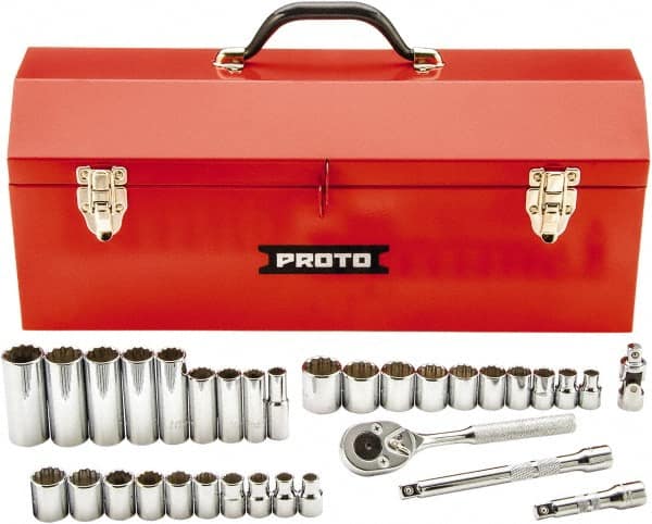 Proto - 34 Piece 3/8" Drive Chrome Finish Deep Well Socket Set - 12 Points, 5/16" (8mm to 19mm) Range, Inch/Metric Measurement Standard - Exact Tooling