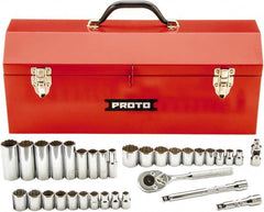 Proto - 34 Piece 3/8" Drive Chrome Finish Deep Well Socket Set - 12 Points, 5/16" (8mm to 19mm) Range, Inch/Metric Measurement Standard - Exact Tooling