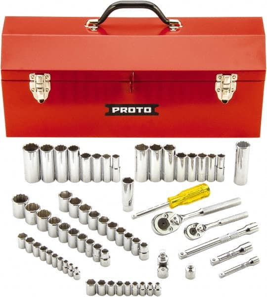 Proto - 65 Piece 1/4" & 3/8" Drive Full Polish Finish Deep Well Socket Set - 6, 12 Points, 1/4" to 7/8" (4mm to 19mm) Range, Inch/Metric Measurement Standard - Exact Tooling