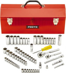 Proto - 65 Piece 1/4" & 3/8" Drive Full Polish Finish Deep Well Socket Set - 6, 12 Points, 1/4" to 7/8" (4mm to 19mm) Range, Inch/Metric Measurement Standard - Exact Tooling