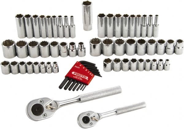 Proto - 63 Piece 1/4 & 3/8" Drive Standard Deep Socket Set - 6 & 12 Points, 1/4 to 3/4", 5 to 18mm, Inch/Metric Measurement Standard - Exact Tooling