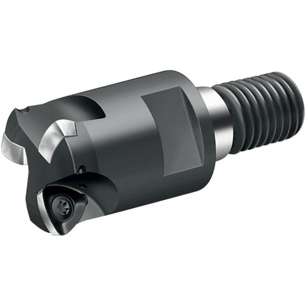 Walter - 15° Lead Angle, 1-1/4" Max Cut Diam, 0.699" Min Cut Diam, 0.059" Max Depth of Cut, Indexable Chamfer & Angle End Mill - 3 Inserts, P 2633.-R14 Insert Style, 69mm OAL, Through Coolant, Threaded Shank - Exact Tooling