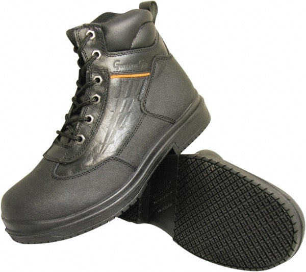Genuine Grip - Unisex Size 9.5 Wide Width Steel Work Boot - Black, Leather Upper, Rubber Outsole, 6" High, Dielectric, Non-Slip, Waterproof - Exact Tooling