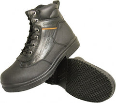 Genuine Grip - Unisex Size 8.5 Wide Width Steel Work Boot - Black, Leather Upper, Rubber Outsole, 6" High, Dielectric, Non-Slip, Waterproof - Exact Tooling