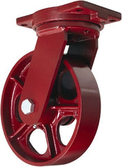 Hamilton - 10" Diam x 2-1/2" Wide x 12-1/2" OAH Top Plate Mount Swivel Caster - Cast Iron, 2,500 Lb Capacity, Tapered Roller Bearing, 6-1/8 x 7-1/2" Plate - Exact Tooling