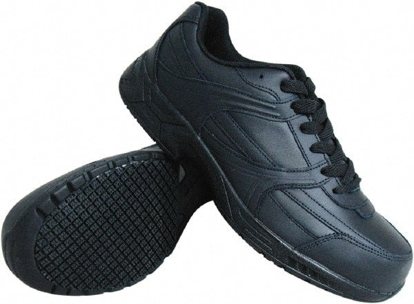Genuine Grip - Unisex Size 7.5 Medium Width Steel Work Shoe - Black, Leather Upper, Rubber Outsole, 4" High, Dielectric, Non-Slip - Exact Tooling