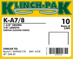 Klinch-Pak - 7/8" Long x 1-3/8" Wide, 0 Gauge Wide Crown Construction Staple - Steel, Copper Finish, Chisel Point - Exact Tooling
