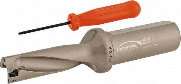 Hertel - 2-1/4" Max Drill Depth, 3xD, 3/4" Diam, Indexable Insert Drill - 2 Inserts, 1" Shank Diam, Straight Shank - Exact Tooling