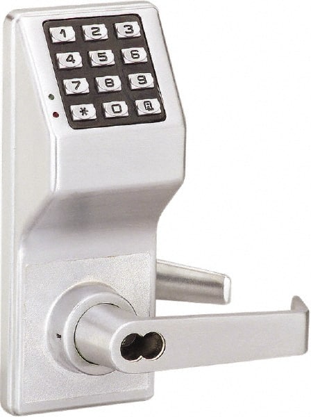 Alarm Lock - Combination Entry Lever Lockset with Key Override - 2-3/4" Back Set, Steel, Brushed Chrome Finish - Exact Tooling