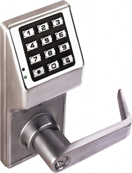 Alarm Lock - Combination Entry Lever Lockset with Key Override - 2-3/4" Back Set, Steel, Brushed Chrome Finish - Exact Tooling