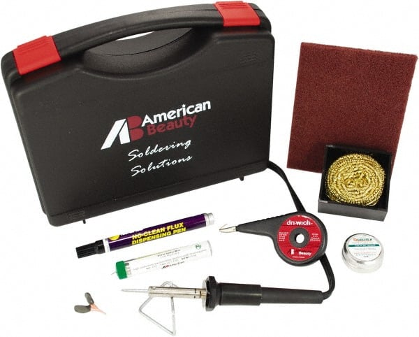 American Beauty - Soldering Iron Kit - Includes Desoldering Braid, Cleaning Pad, Brass Sponge Tip Cleaner, Flux Pen, Solder, Tip Tinner, Heat Sink, Soldering Stand, Carrying Case - Exact Tooling