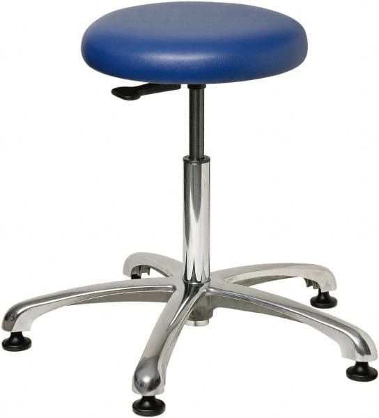 Bevco - 23" Wide x 23" Deep x 18-1/2 to 26" High, Steel Base, Versa Backless Stool Adjustable Height Swivel Stool with Polished Aluminum Base - Vinyl Seat, Blue, Mushroom Glides - Exact Tooling