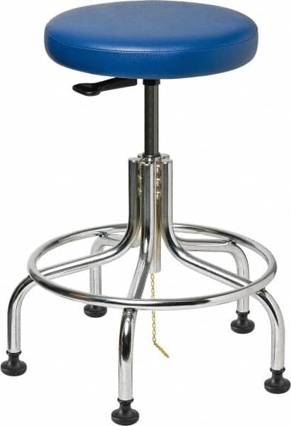 Bevco - 22" Wide x 22" Deep x 19 to 24" High, Steel Base, Versa ESD Backless Adjustable Height Swivel Stool with Chrome Steel Base - Vinyl Seat, Blue, Footring, Mushroom Glides - Exact Tooling