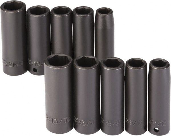 Proto - 10 Piece 1/2" Drive Black Finish Deep Well Impact Socket Set - 6 Points, 1/2" to 13/16" (13mm to 21mm) Range, Inch/Metric Measurement Standard - Exact Tooling