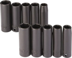 Proto - 10 Piece 1/2" Drive Black Finish Deep Well Impact Socket Set - 6 Points, 1/2" to 13/16" (13mm to 21mm) Range, Inch/Metric Measurement Standard - Exact Tooling