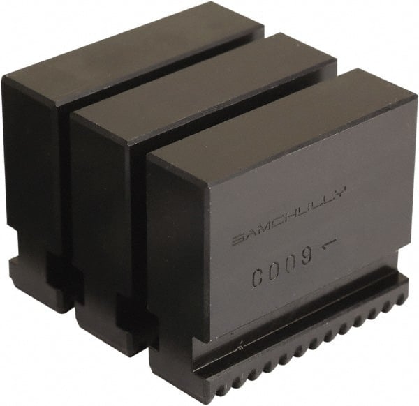 Samchully - 215mm Max Chuck Capacity, Tongue & Groove Interface, Square Soft Lathe Chuck Jaw - 3 Jaw, Steel, 85mm Long, 22mm Wide, 65mm High - Exact Tooling