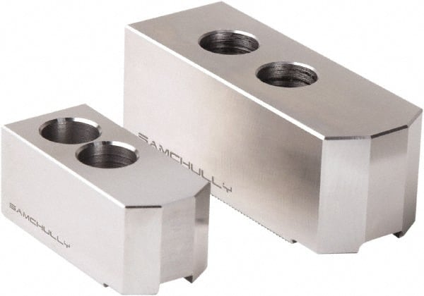 Samchully - 169mm Max Chuck Capacity, 1.5mm x 60° Serrated Interface, Round Soft Lathe Chuck Jaw - 3 Jaw, Steel, 20mm Btw Mount Hole Ctrs, 72mm Long, 31mm Wide, 32mm High, 12mm Groove, M10mm Fastener - Exact Tooling