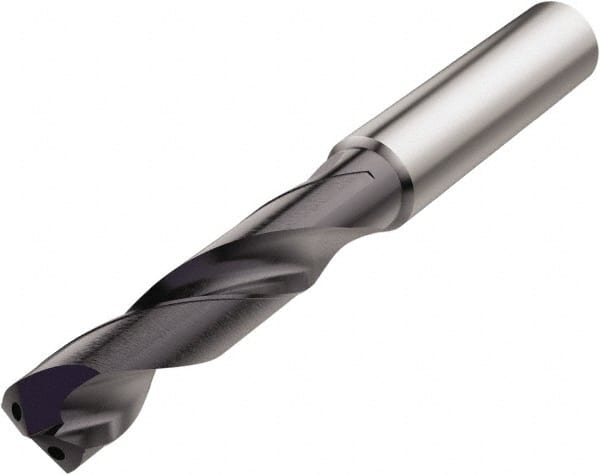Seco - 7.6mm 140° Spiral Flute Solid Carbide Screw Machine Drill Bit - TiAlN Finish, Right Hand Cut, 41mm Flute Length, 79mm OAL, Conical Point, Straight Shank, Through Coolant - Exact Tooling