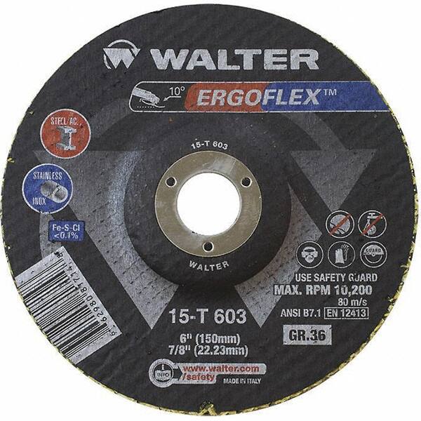 WALTER Surface Technologies - 36 Grit, 6" Disc Diam, 7/8" Center Hole, Type 29 Ceramic Flap Disc - 10,200 Max RPM, Fiber Backing, Arbor Attaching System, Coated - Exact Tooling