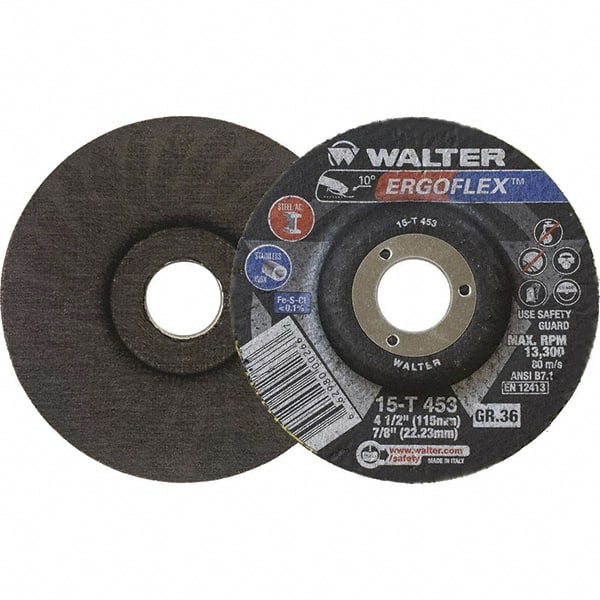 WALTER Surface Technologies - 36 Grit, 4-1/2" Disc Diam, 7/8" Center Hole, Type 29 Ceramic Flap Disc - 13,300 Max RPM, Fiber Backing, Arbor Attaching System, Coated - Exact Tooling