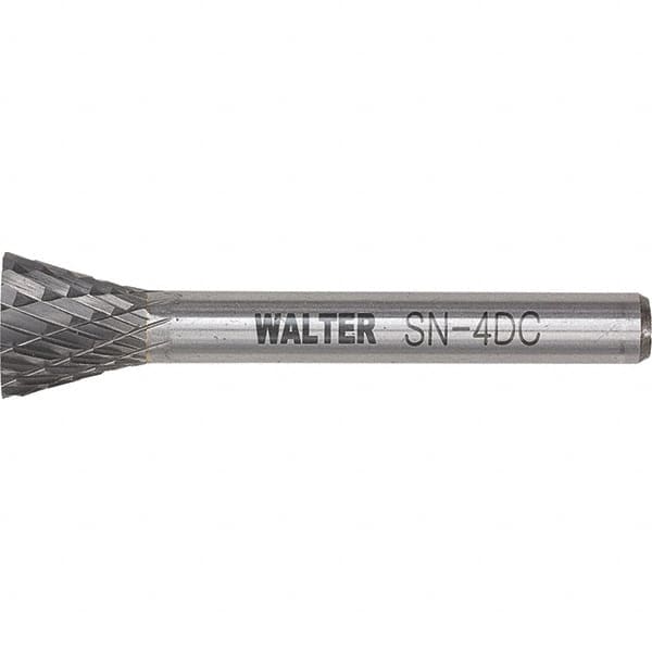 WALTER Surface Technologies - 1/4" Cut Diam, 1/4" Shank Diam, Inverted Cone Head Double Cut Burr - Tungsten Carbide, 3/4" LOC, 4-3/4" OAL - Exact Tooling