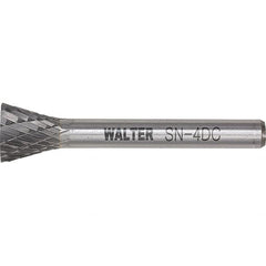 WALTER Surface Technologies - 1/4" Cut Diam, 1/4" Shank Diam, Inverted Cone Head Double Cut Burr - Tungsten Carbide, 3/4" LOC, 4-3/4" OAL - Exact Tooling