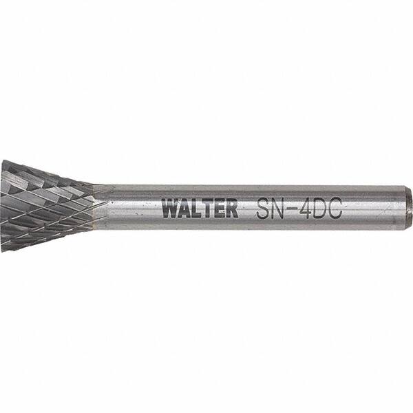 WALTER Surface Technologies - 1/4" Cut Diam, 1/4" Shank Diam, Inverted Cone Head Double Cut Burr - Tungsten Carbide, 1/2" LOC, 4-1/2" OAL - Exact Tooling