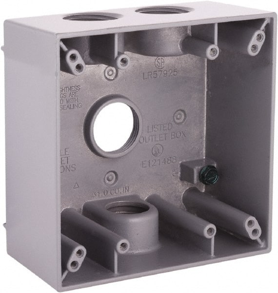 Hubbell-Raco - 2 Gang, (4) 3/4" Knockouts, Aluminum Square Device Box - 4-1/2" Overall Height x 2-1/4" Overall Depth, Weather Resistant - Exact Tooling