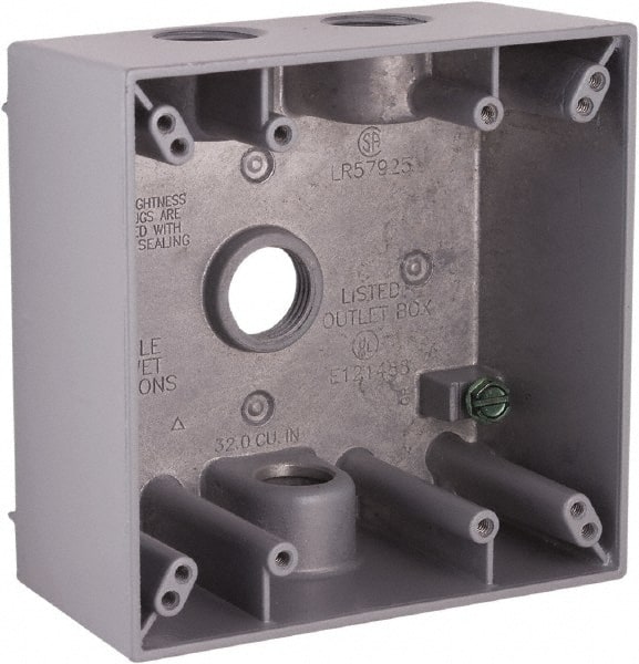 Hubbell-Raco - 2 Gang, (4) 1/2" Knockouts, Aluminum Square Device Box - 4-1/2" Overall Height x 2-1/4" Overall Depth, Weather Resistant - Exact Tooling